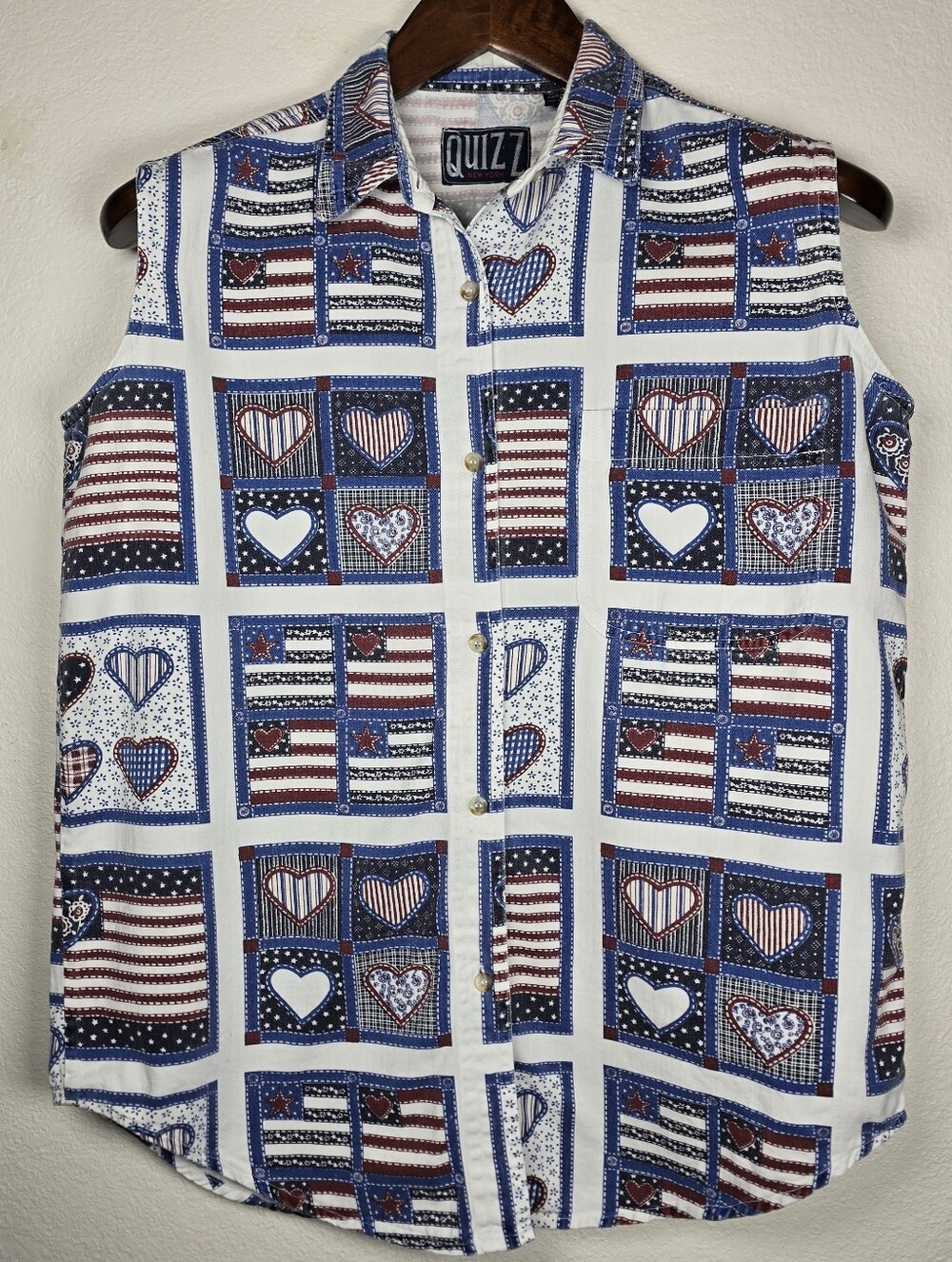 VTG Quizz New York Americana Patchwork Sleeveless Button Up Blouse Top Medium